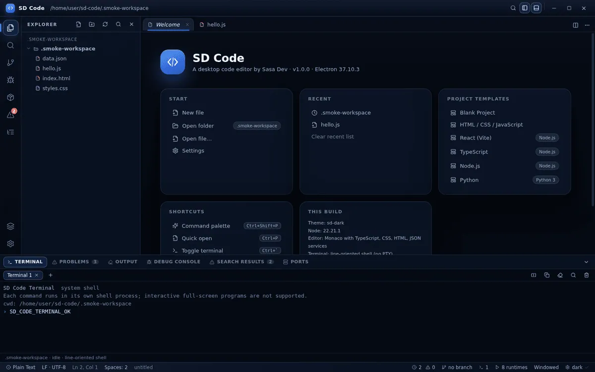 The SD Code workbench: explorer, editor, terminal and status bar
